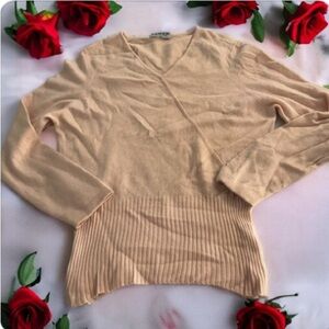 Vtg LYNON Pure Cashmere Sweater Sz EUR 44 Women XL Pale Pink Ribbed V-Neck Bling